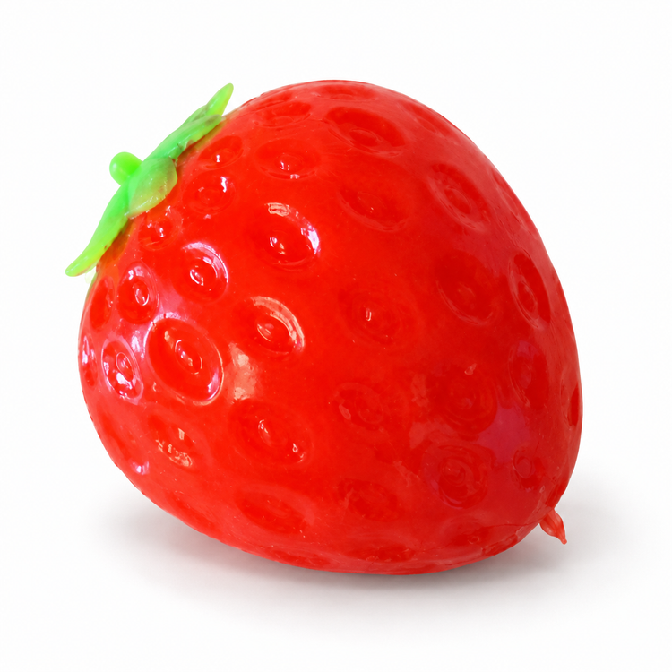 Glossy red strawberry squishy with a green leaf top