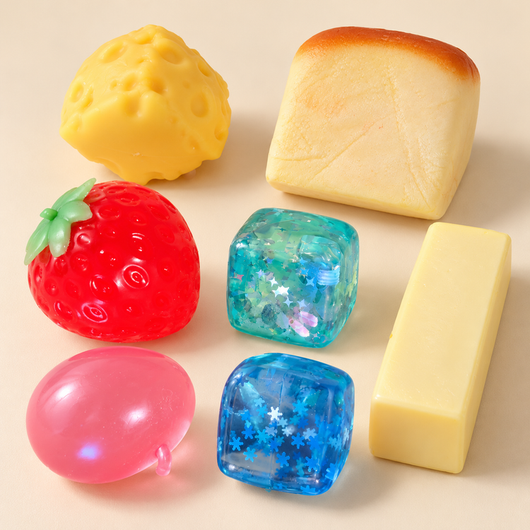 Seven of the eight squishies on a cream background: cheese, toast, strawberry, teal star cube, butter stick, pink apple and blue snowflake cube