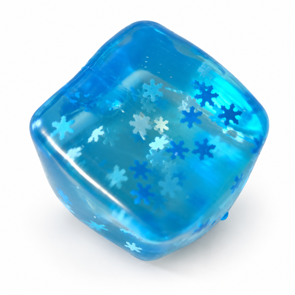 Translucent blue cube squishy filled with snowflake confetti