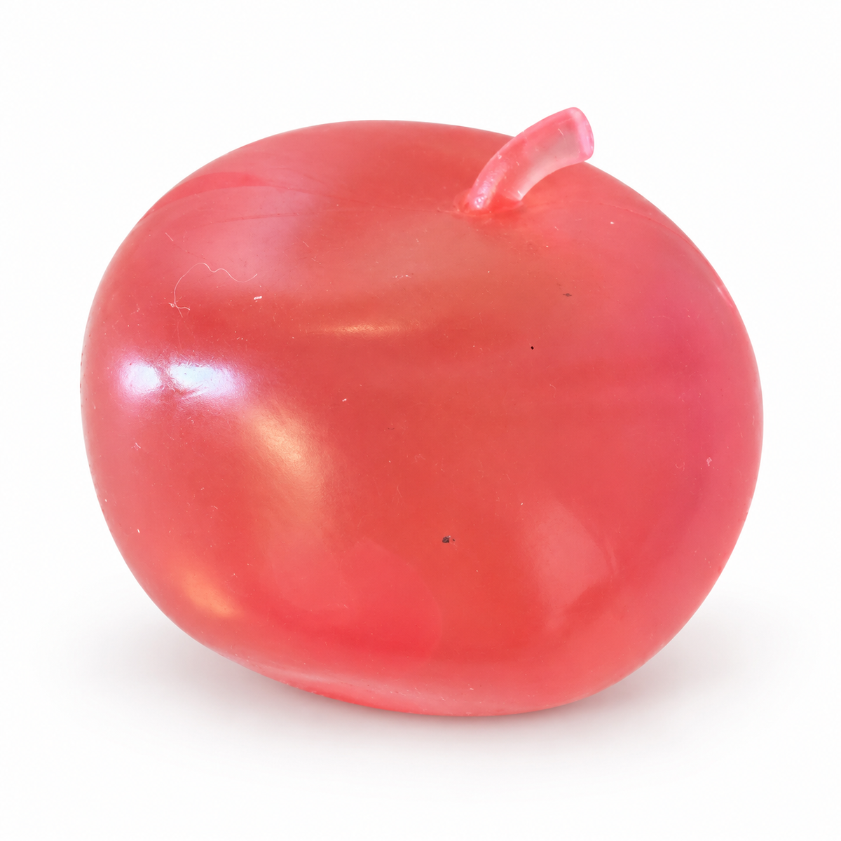 Translucent rose-pink apple squishy with a short stem