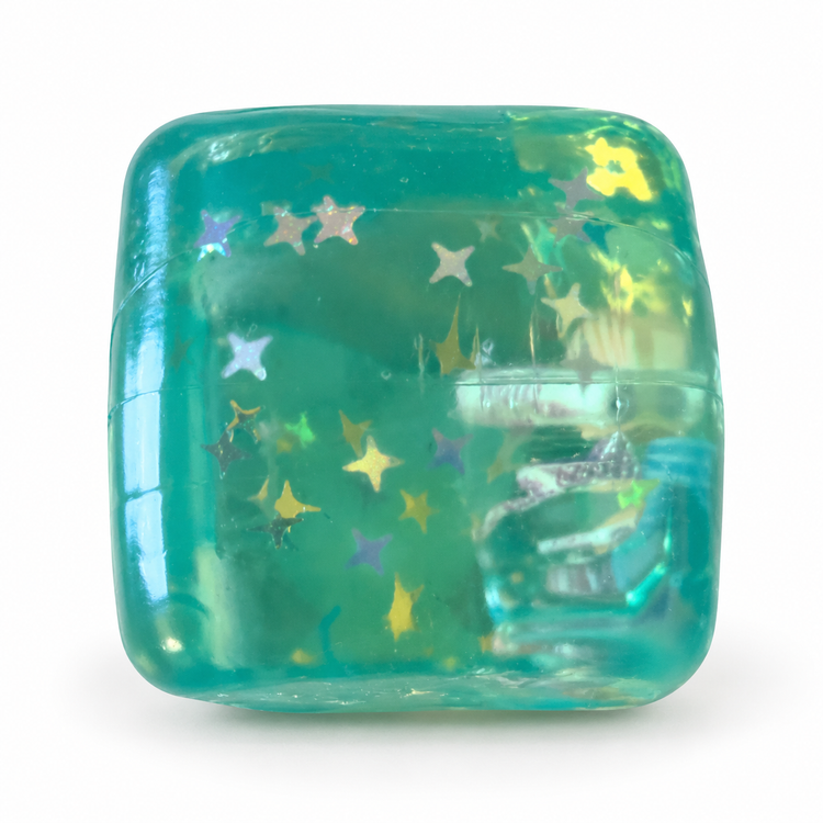 Translucent teal cube squishy filled with star confetti