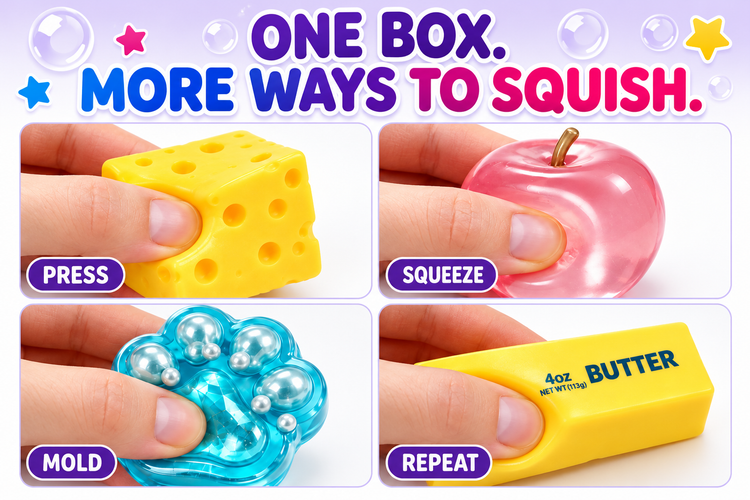 One box, more ways to squish: hands pressing the cheese cube, squeezing the apple, molding the pearl cat paw and pressing the butter block