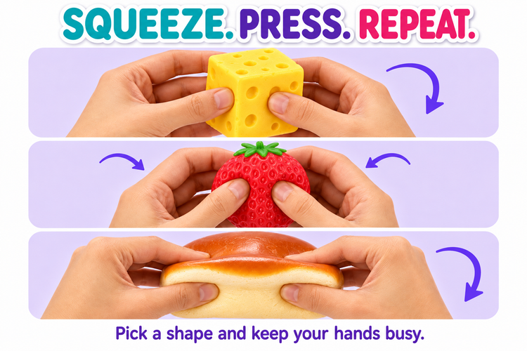Squeeze, press, repeat: two hands squeezing the cheese cube, the strawberry and the bread